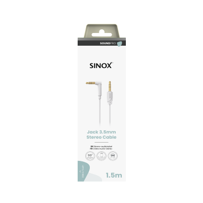 Câble mini jack 3.5 mm avec connecteur coudé. 1,5 m. Blanc