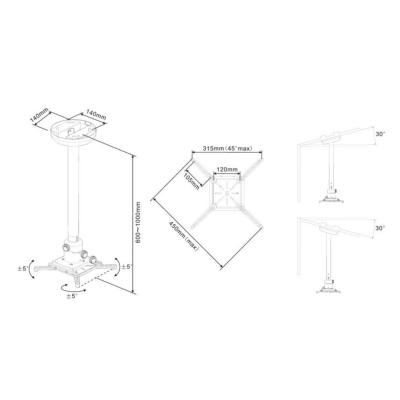 Support Plafond Universel Projecteur - Acier Robuste, Hauteur Réglable 34-56 Cm, Angle 15°, Gestion Câbles Intégrée
