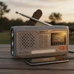 Radio d'urgence. Manivelle/panneau solaire . Bluetooth, USB-A 5V-2A