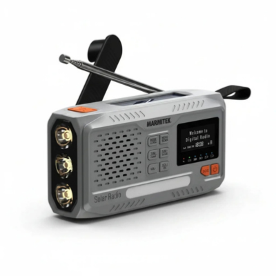 Radio d'urgence. Manivelle/panneau solaire . Bluetooth, USB-A 5V-2A
